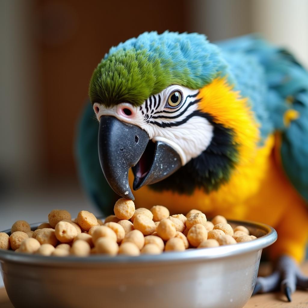 A bird enjoying a meal of pellets