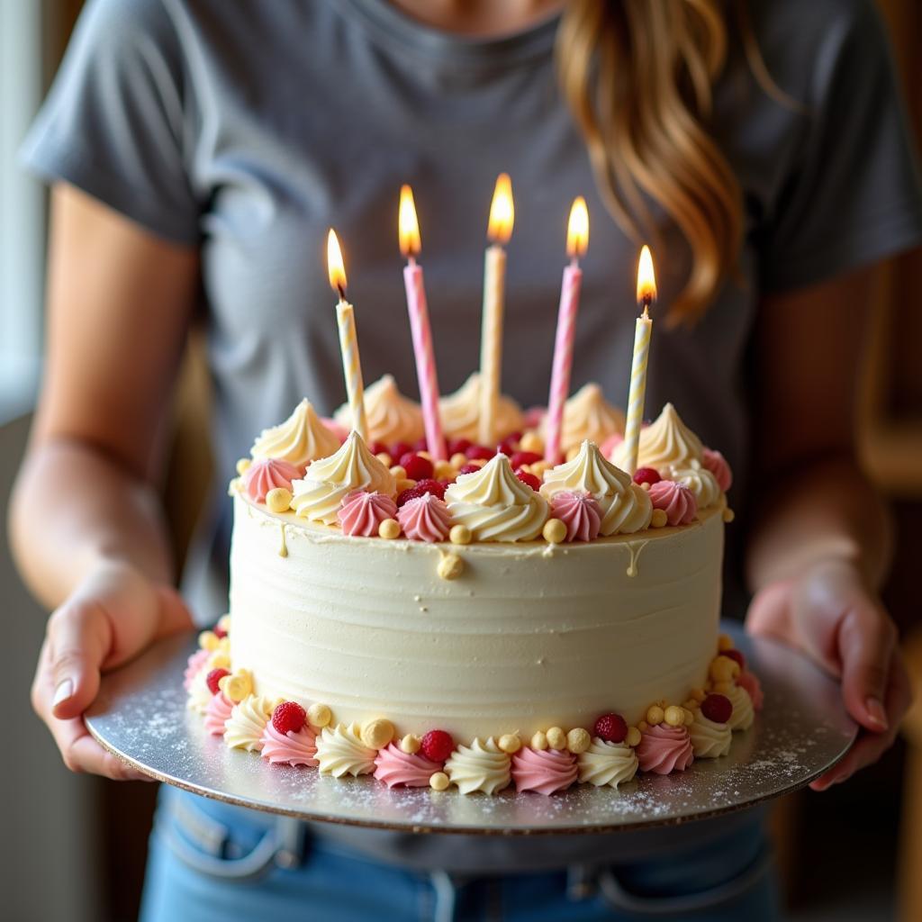 A beautifully decorated birthday cake being delivered.