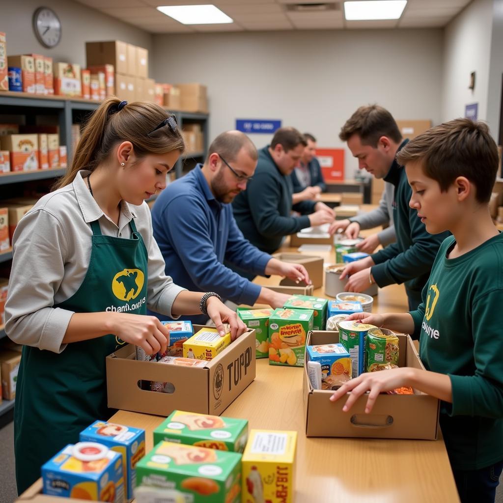 Volunteers Sorting and Organizing Food Donations