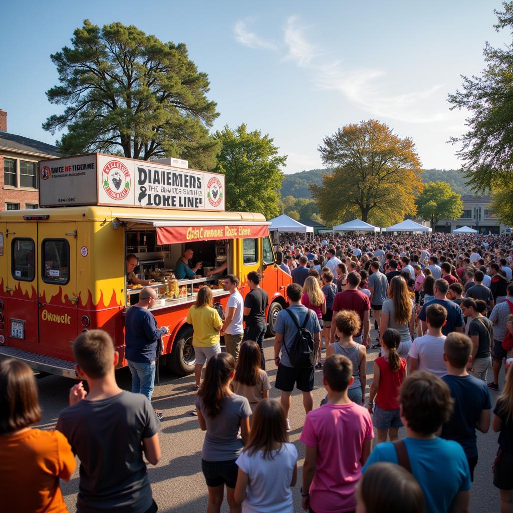 Blazing Kitchen food truck serving customers at a vibrant outdoor food festival.