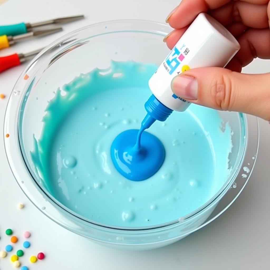 Blue food coloring gel being used to create vibrant blue cakes and other desserts.