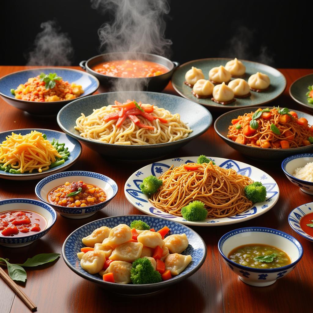 A table laden with a variety of Blue Island Chinese food dishes