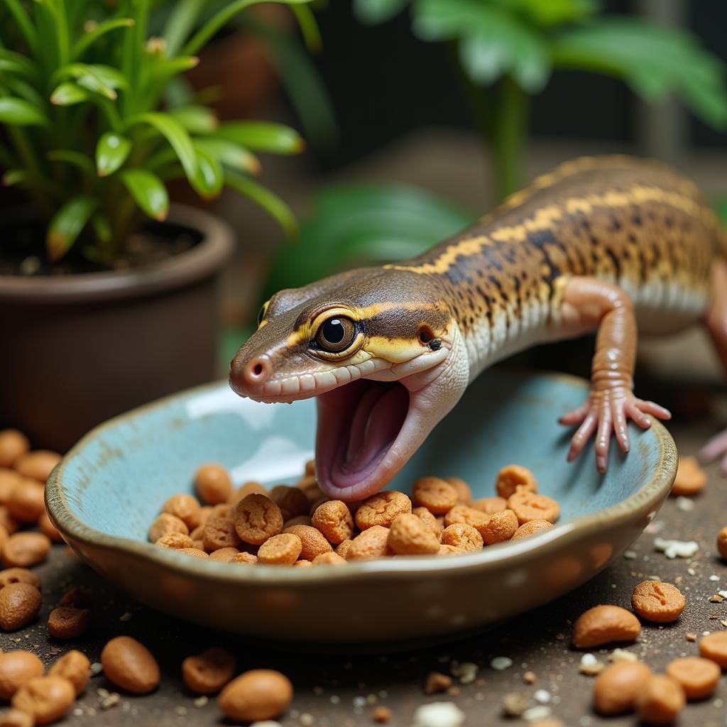 Blue Tongue Skink Eating Dog Food from a Bowl