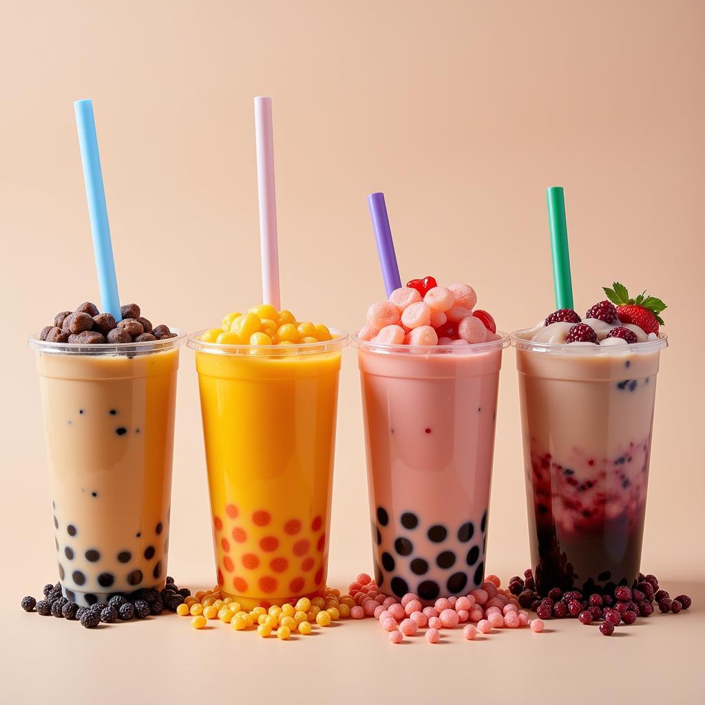 A colorful array of different boba tea flavors and toppings