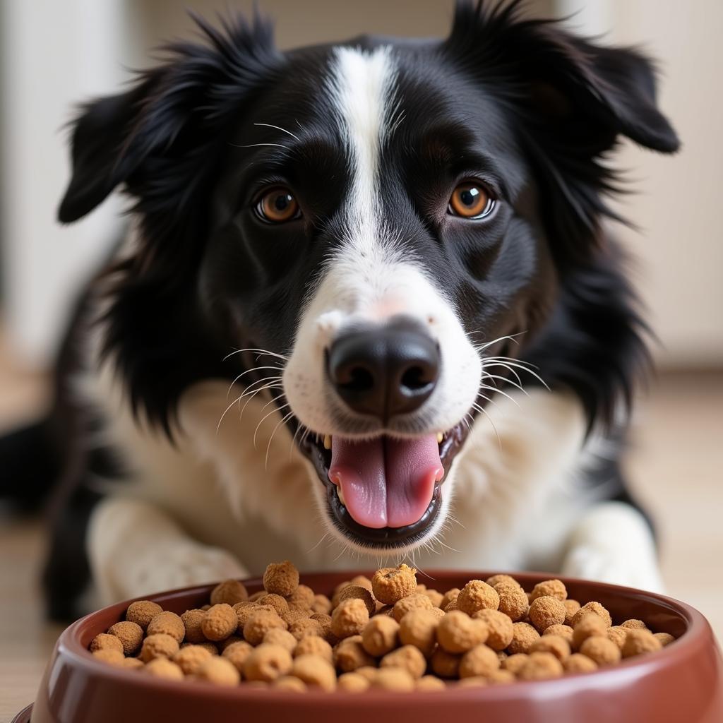 Border Collie Enjoying a Meal of Dry Dog Food