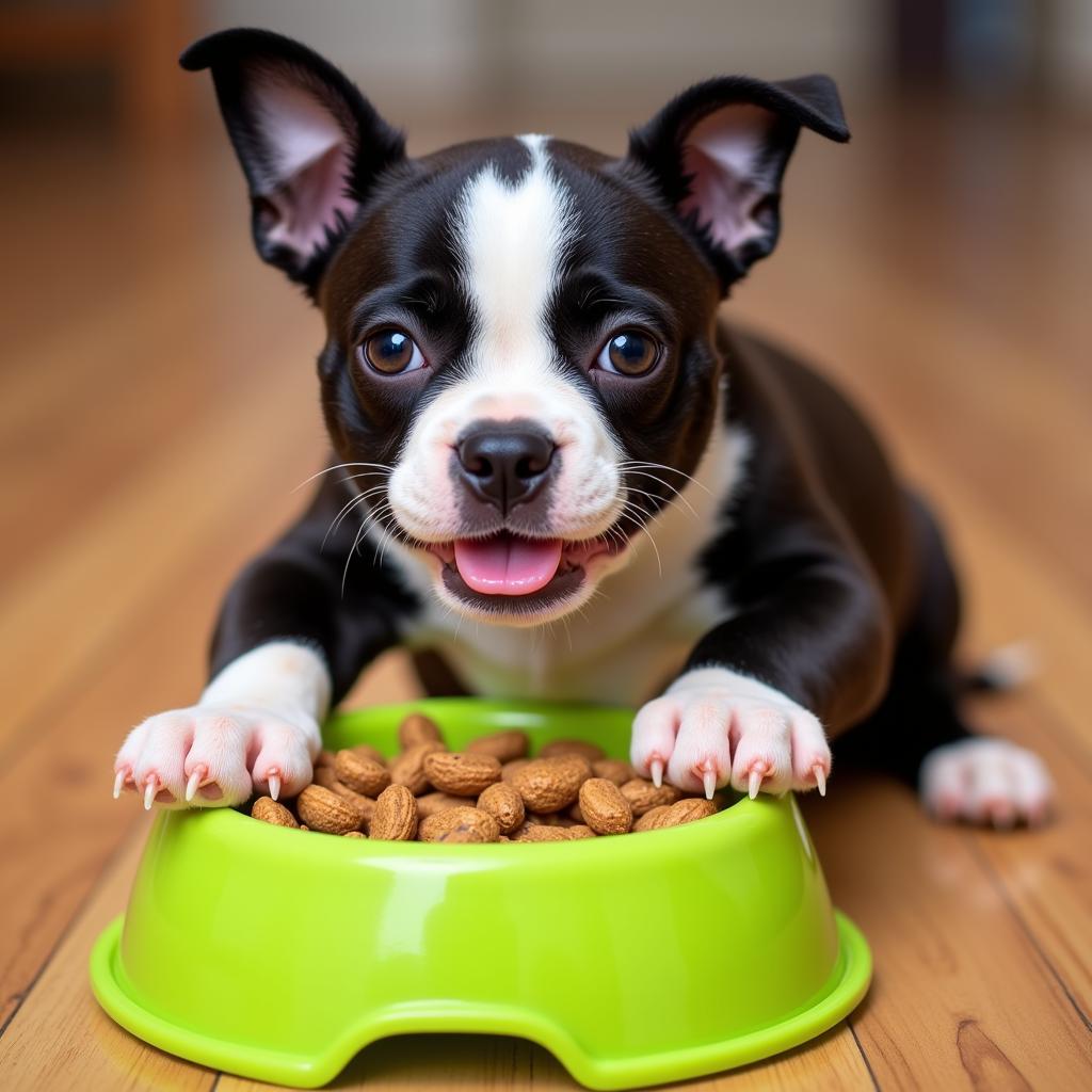 Boston Terrier Puppy Enjoying Kibble