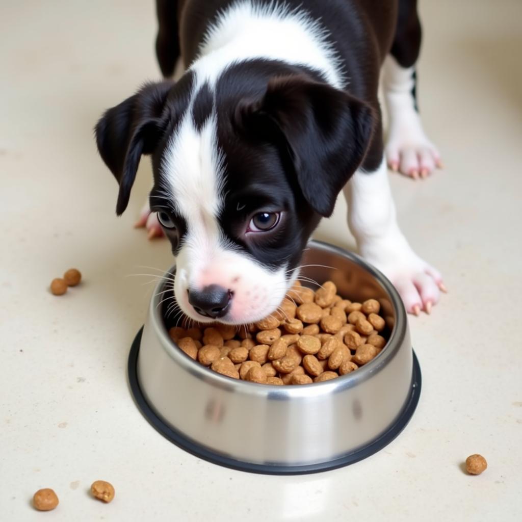 Boston Terrier puppy enjoying a bowl of kibble