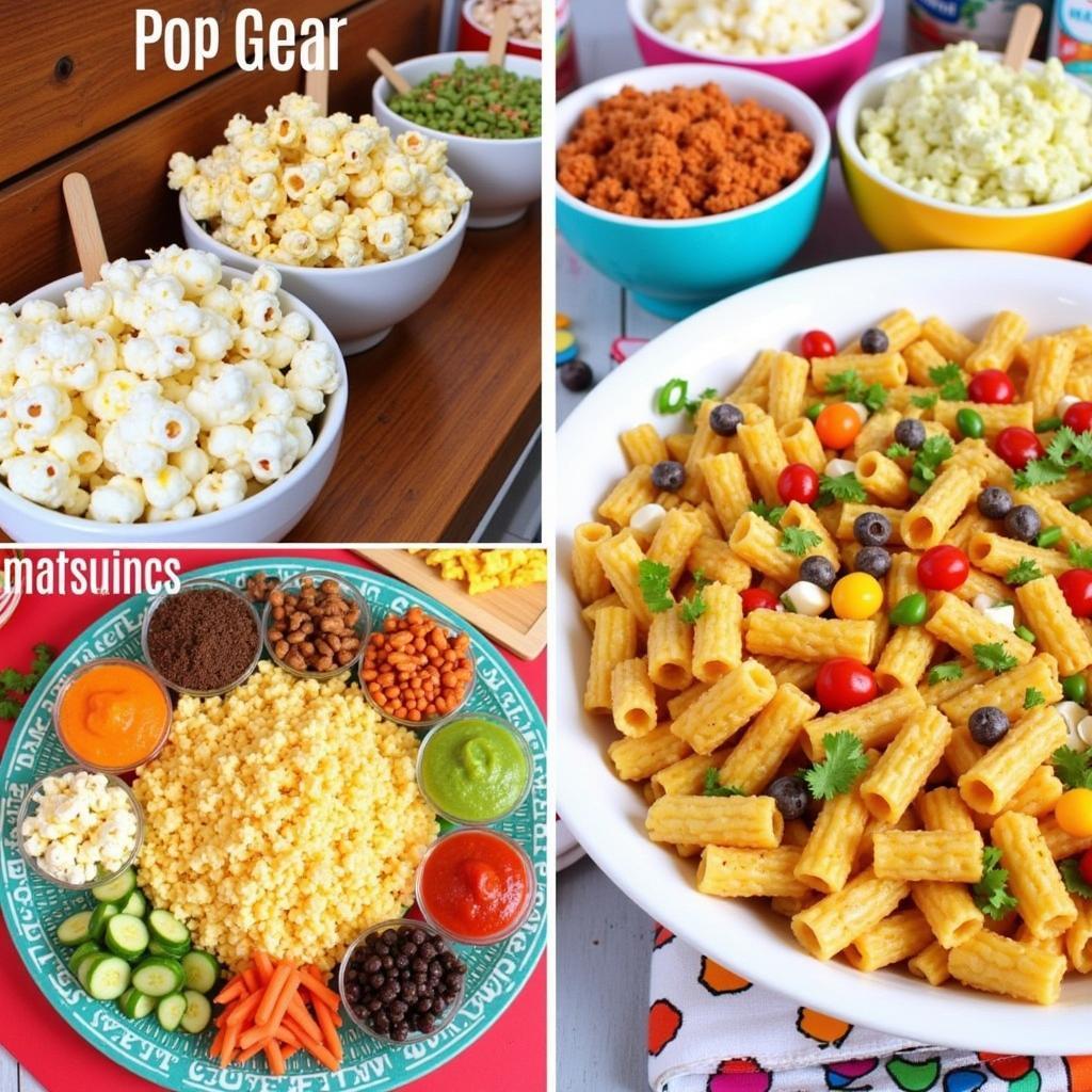 A table of budget-friendly party snacks including popcorn, nachos, and pasta salad.