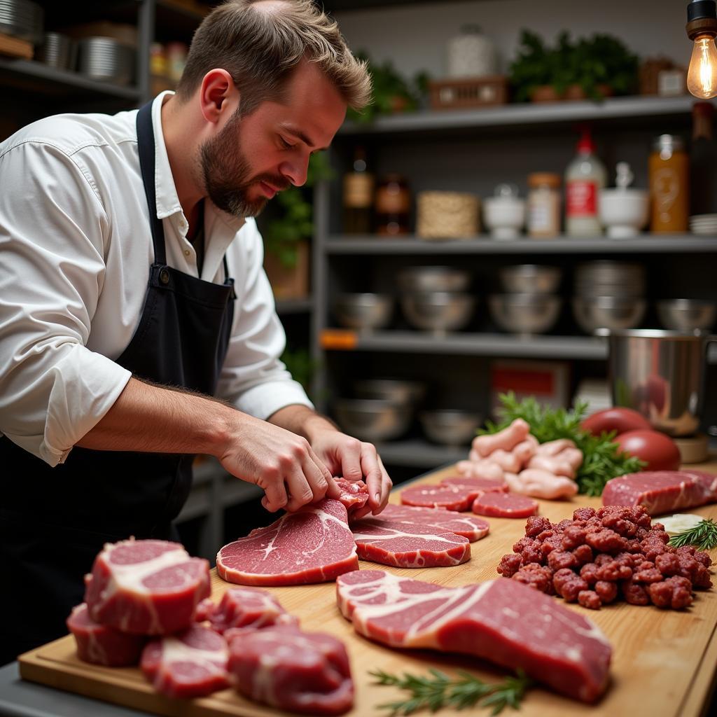 A Butcher Carefully Preparing Dog Food