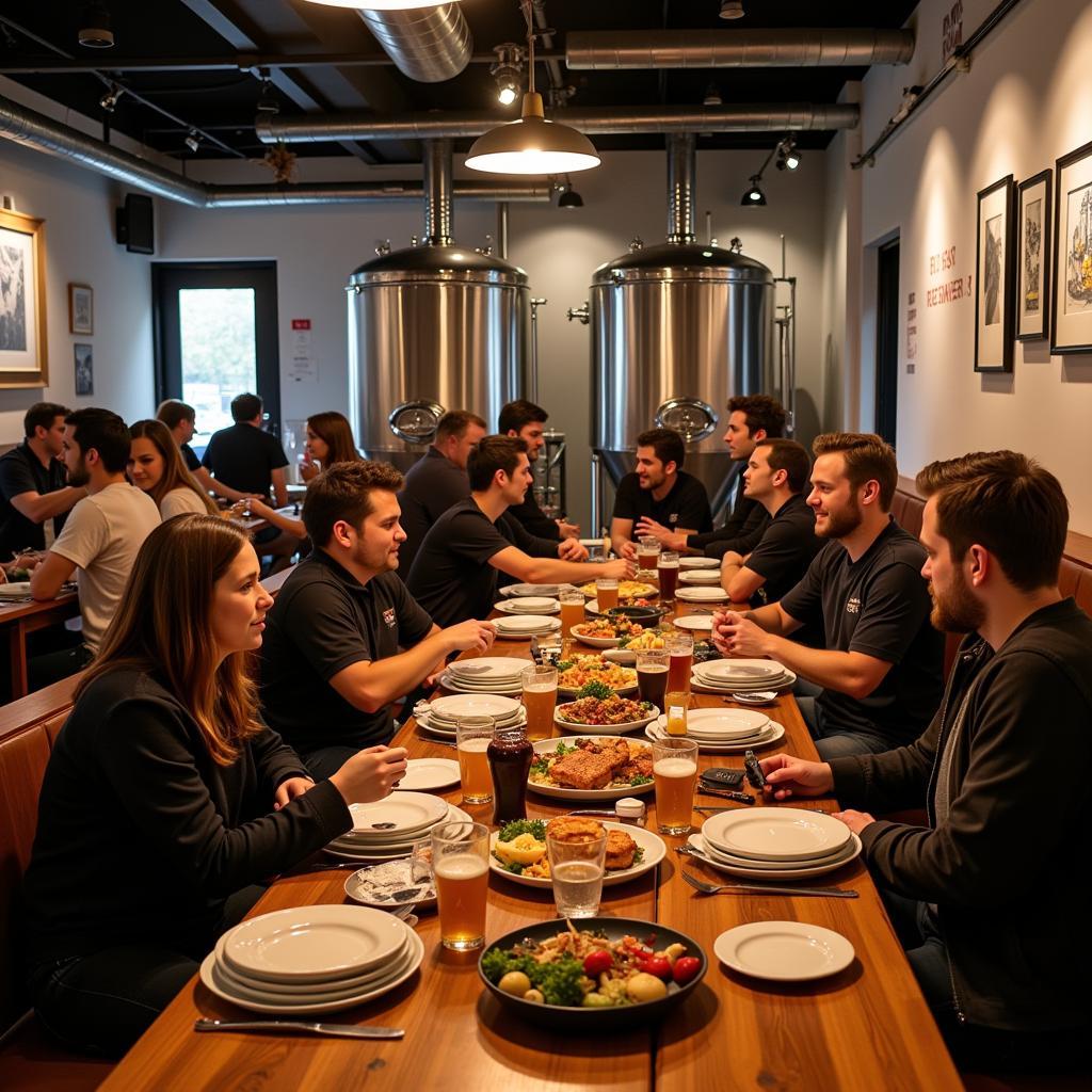 People enjoying food and drinks at a BYOF brewery