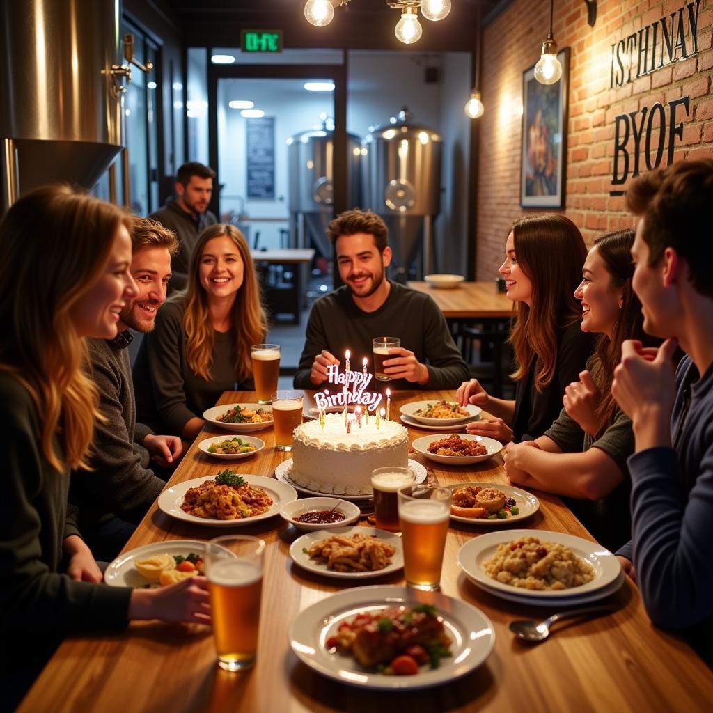 Group celebrating a birthday at a BYOF brewery