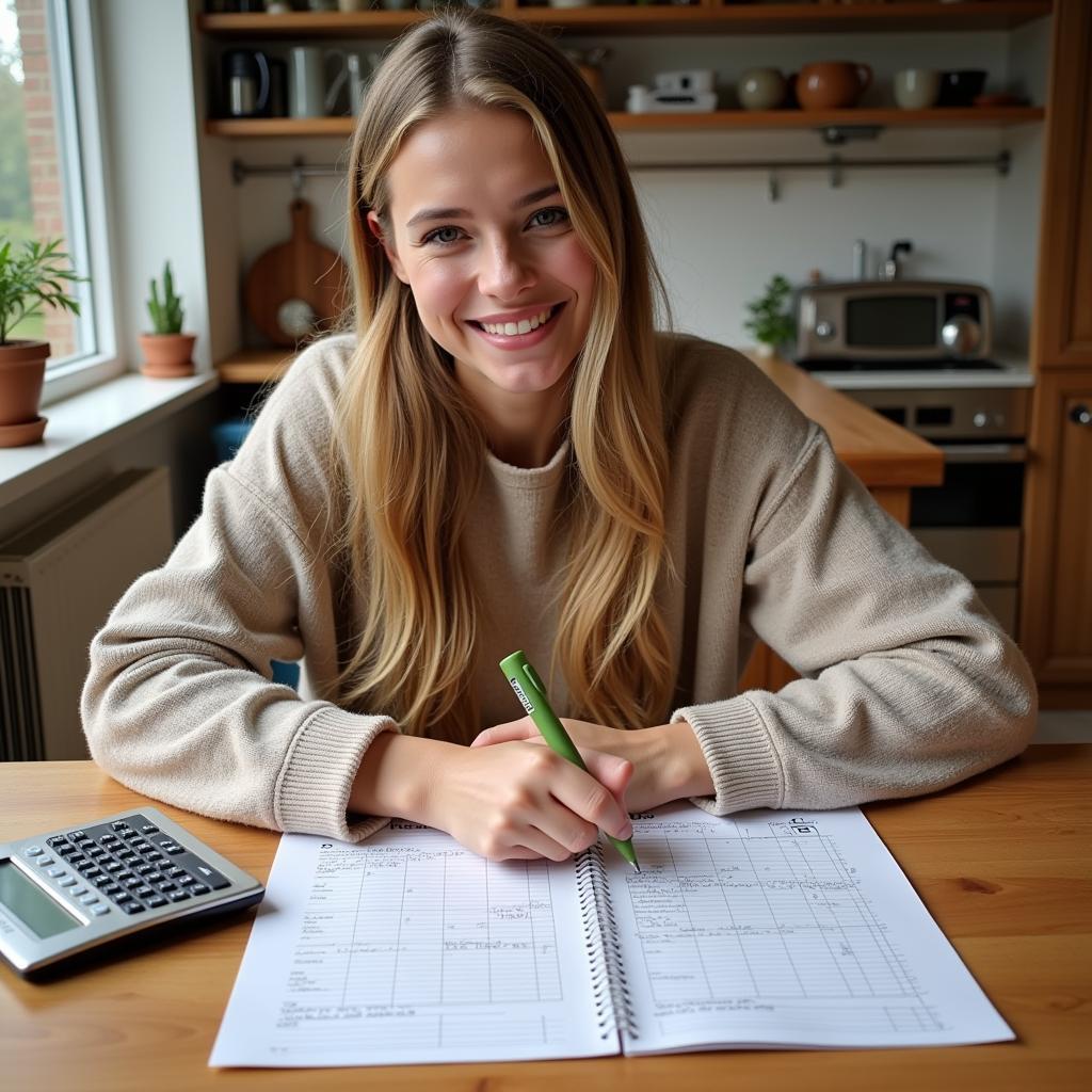 A person using a calculator while reviewing a food log and nutritional information chart.