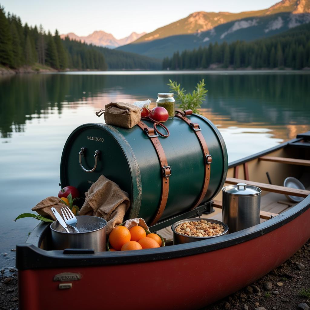 Canoe food barrel packed with supplies for a wilderness dining experience