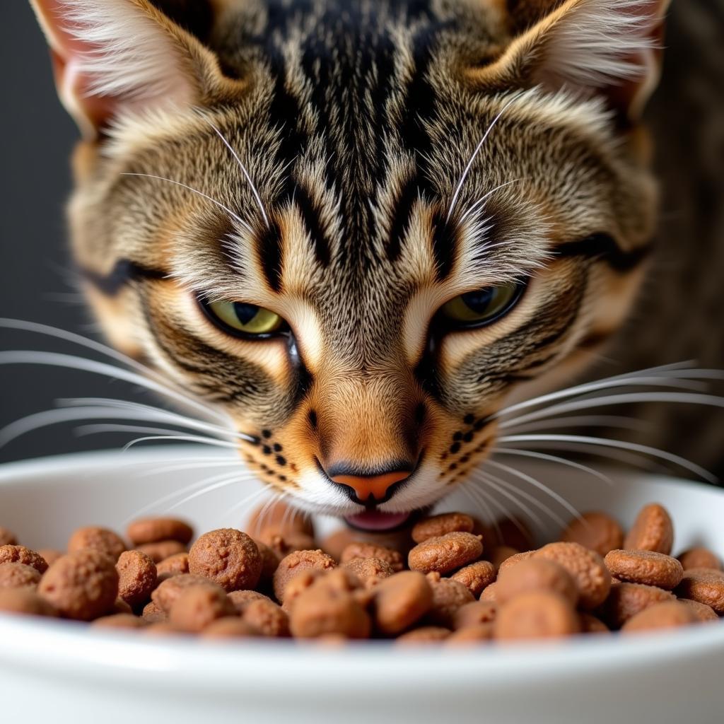 Cat Eating Beef Kibble from a Bowl