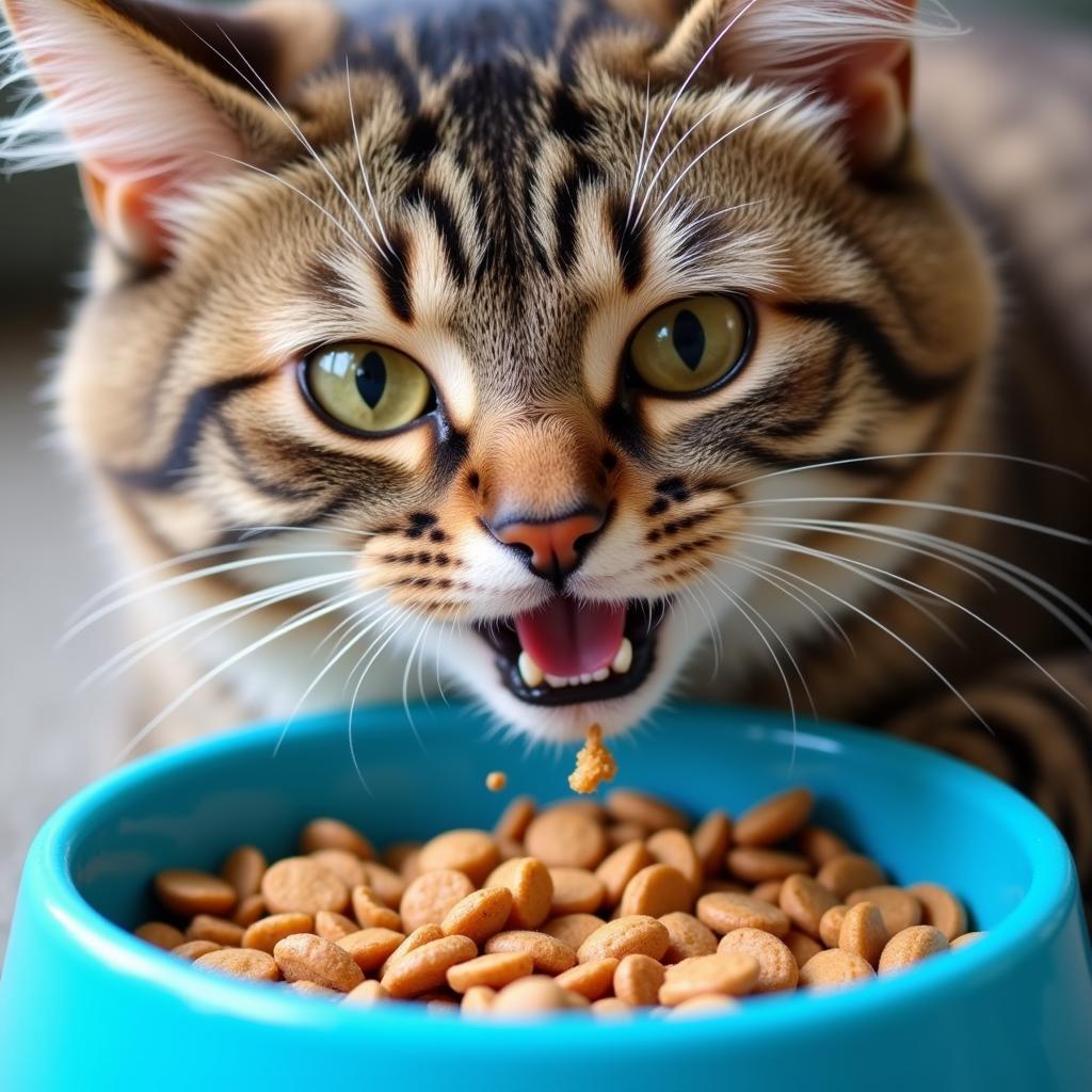 A cat enjoying dry food from its bowl.