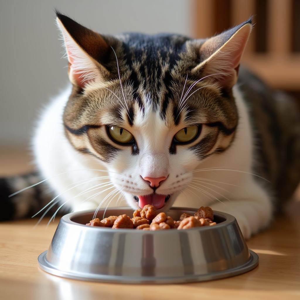 A Cat Enjoying a Meal of Duck and Goose Based Cat Food