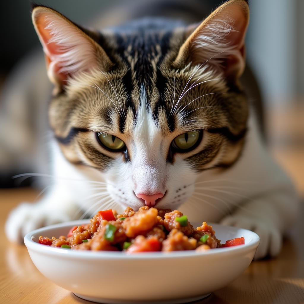 A cat enjoying a meal prepared with fresh ingredients from the farmers market.