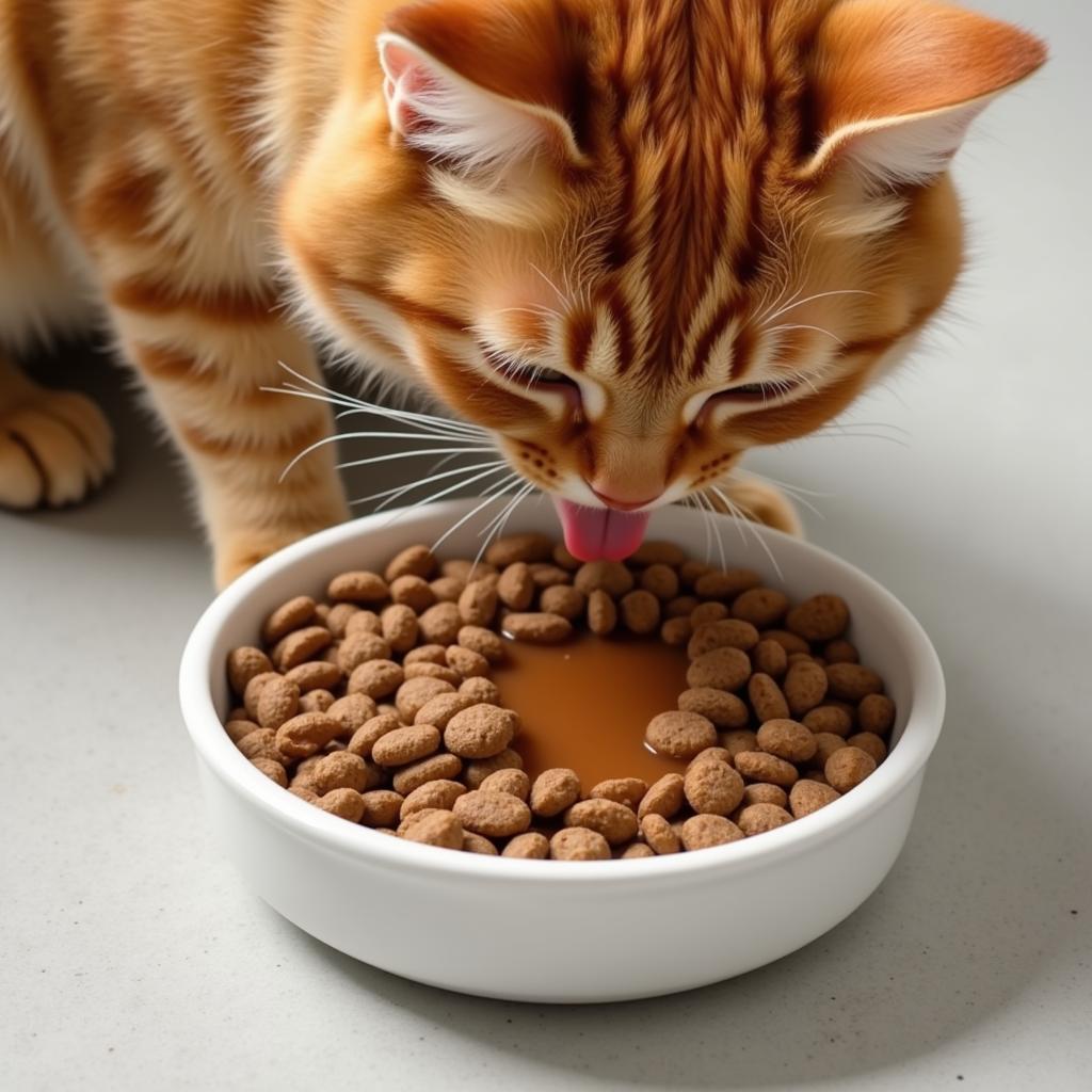 Cat eating food with gravy