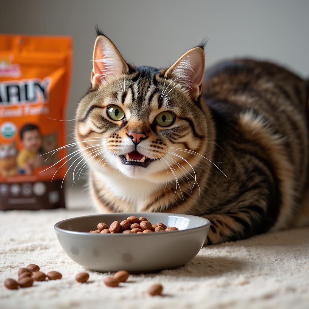 A cat enjoying a meal from a bowl.