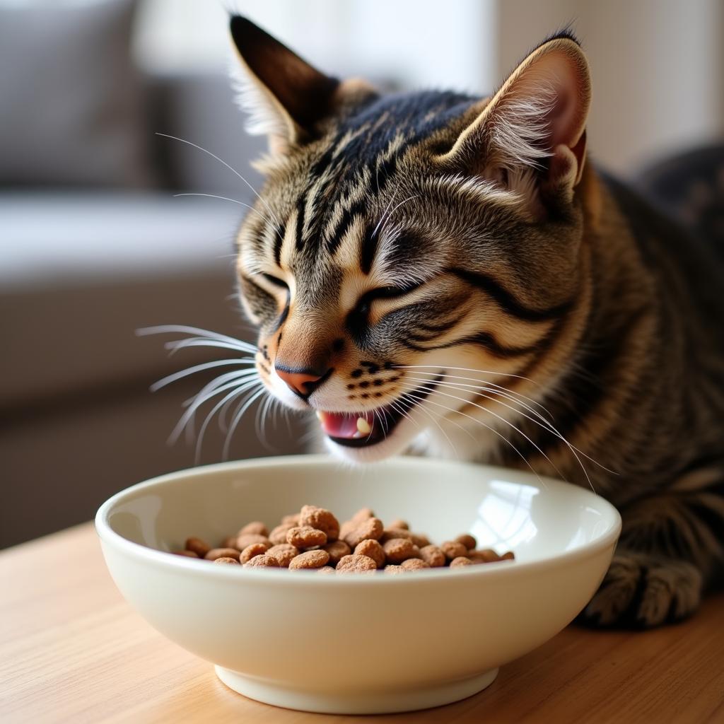 A tabby cat eating from a raised ceramic food bowl