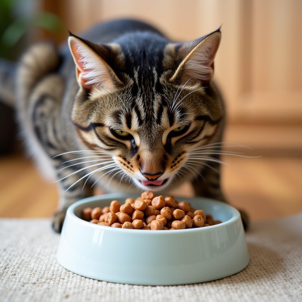 A cat enjoying a bowl of limited ingredient wet food