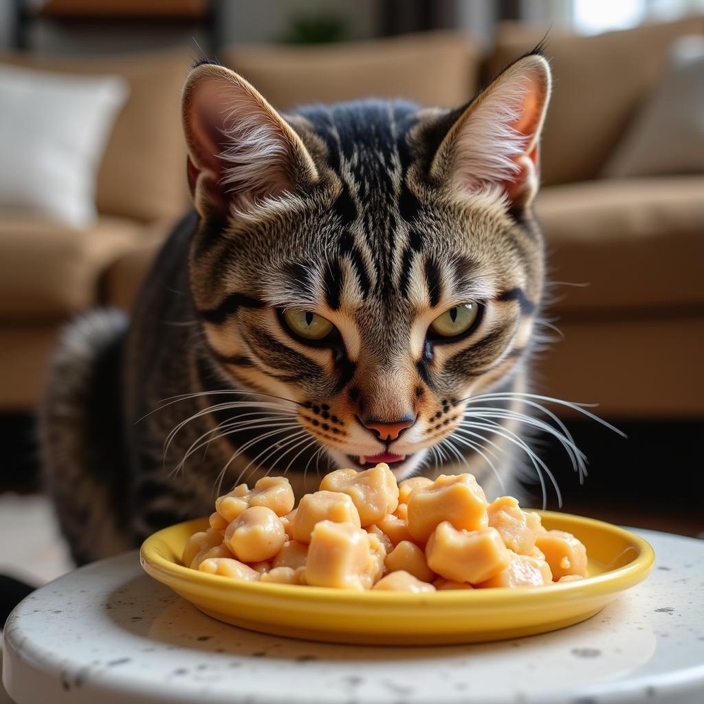 Cat Enjoying Purina Chicken and Cheese Food