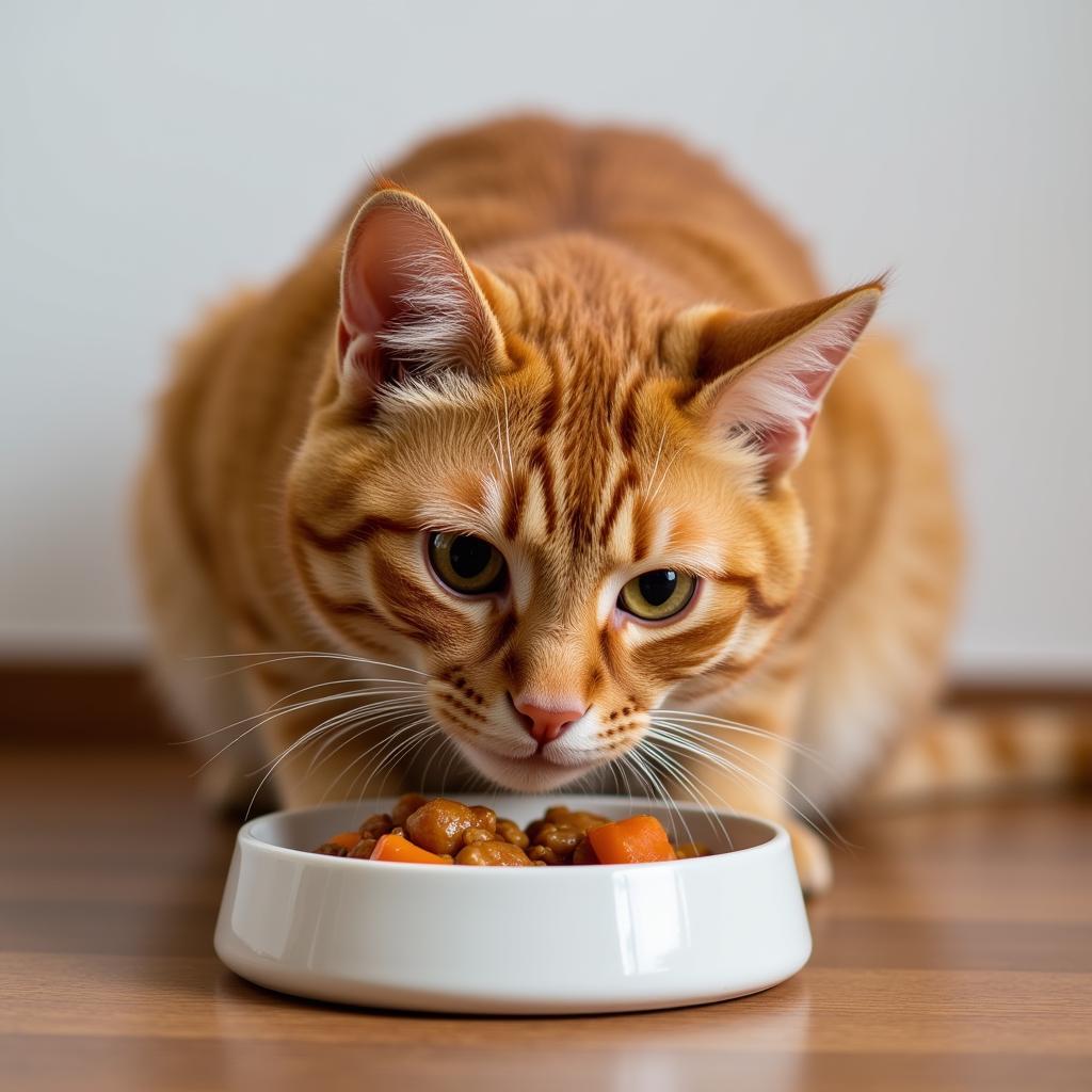 Cat eating stew from a bowl