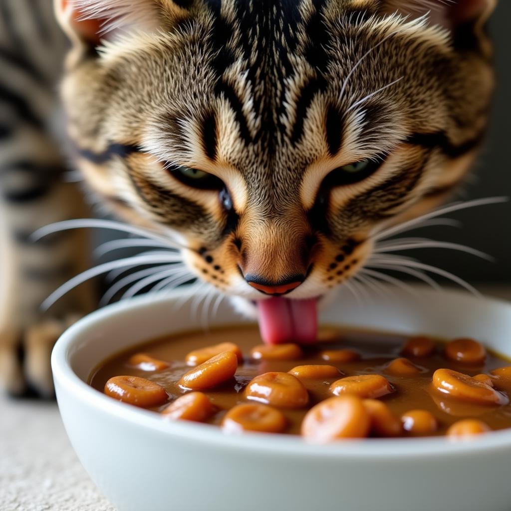 Cat enjoying gravy food