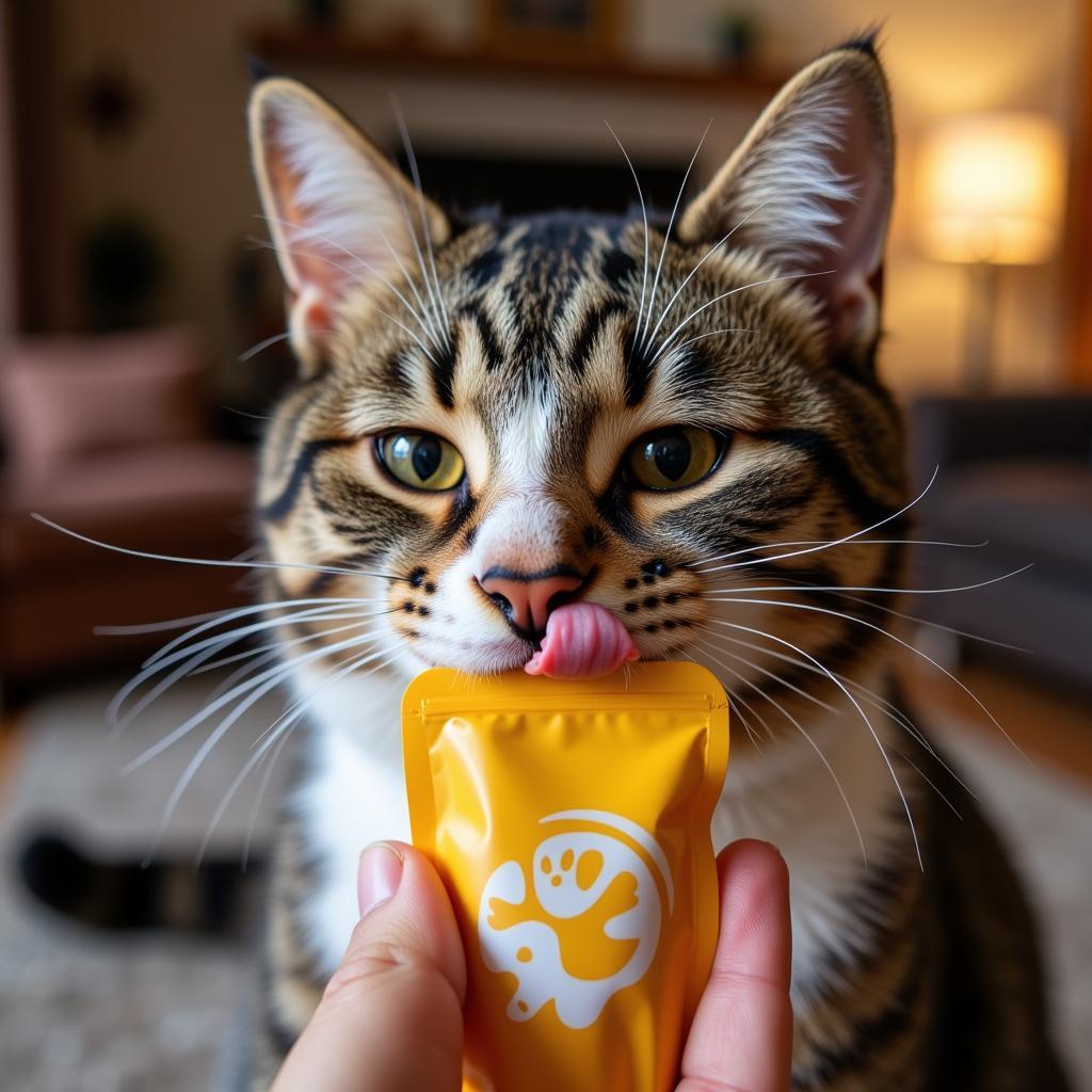 A happy cat enjoying a meal from a cat food pouch