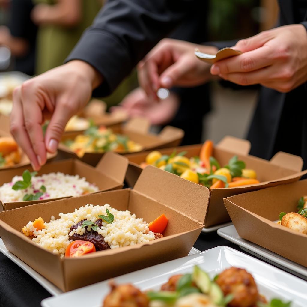 Catering event using small food boxes for individual portions