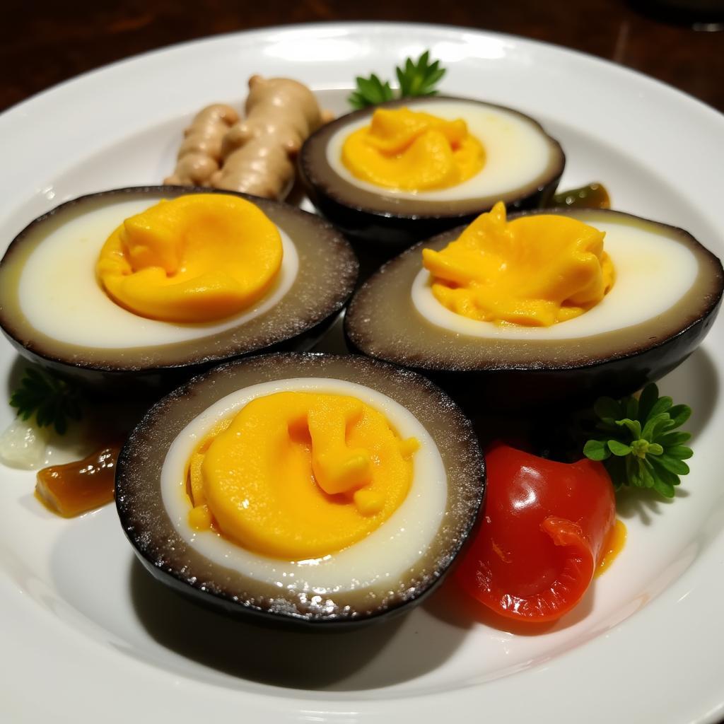 Century eggs served as a Chinese delicacy