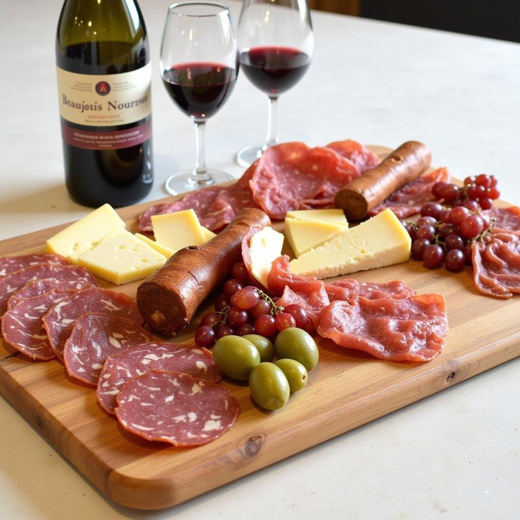 Charcuterie board with Beaujolais Nouveau.