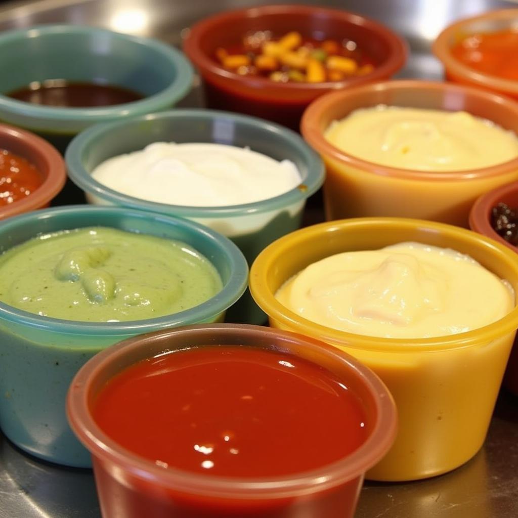 An array of dipping sauces offered at a chick n bites food truck.