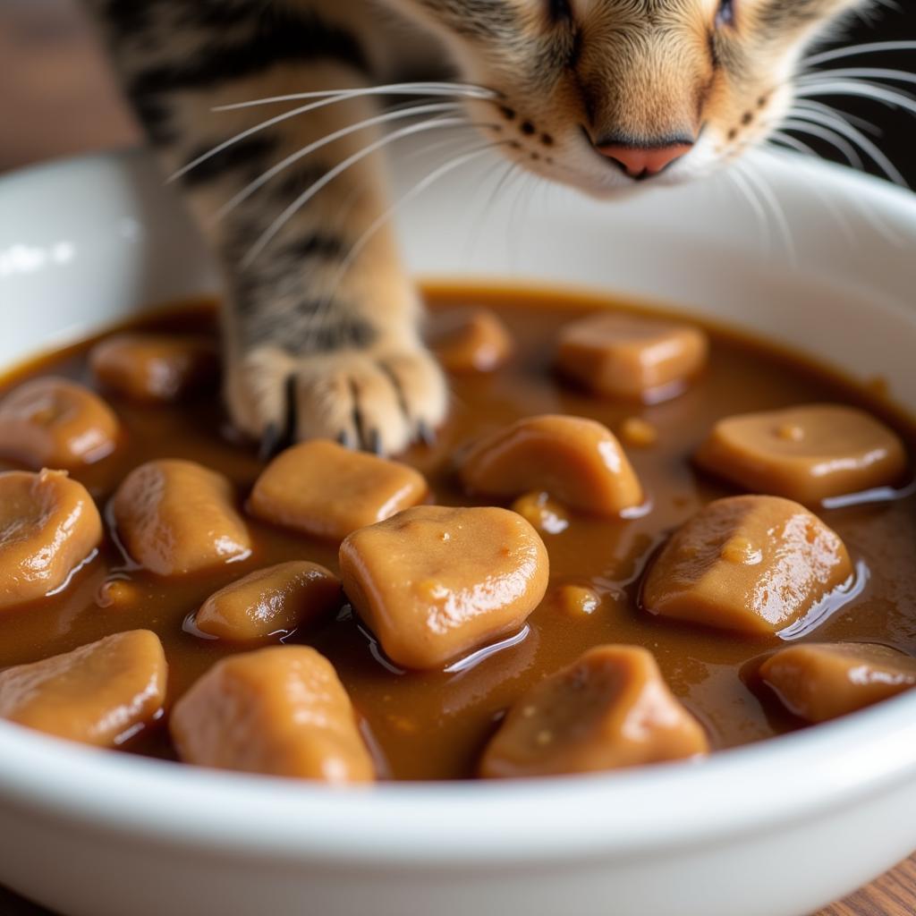 Close-up of chicken liver cat food in a bowl