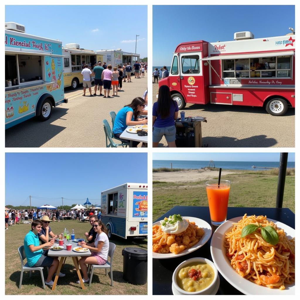 Chincoteague Island food trucks parked near the beach offering diverse cuisines