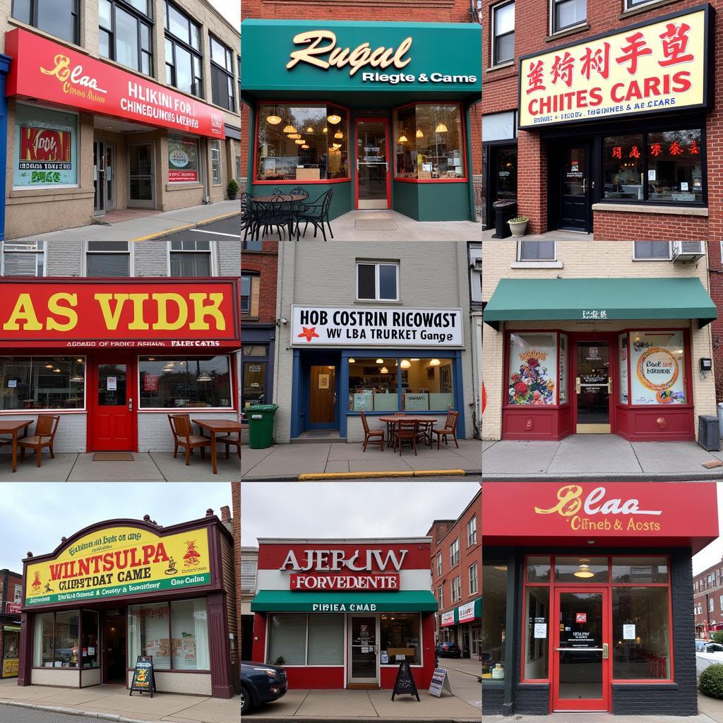 A collage of various Chinese restaurants along Eastern Ave, showcasing their diverse facades and signage.