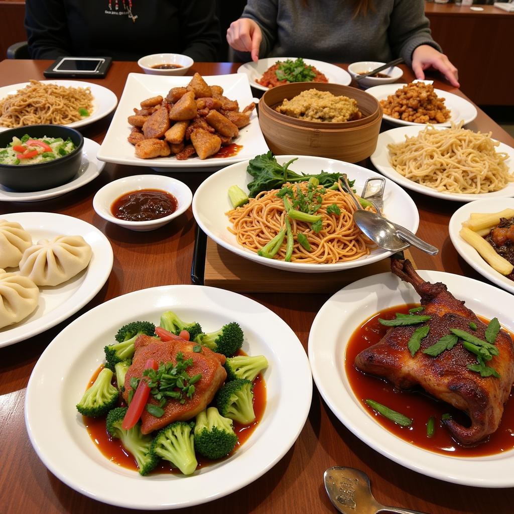 A colorful spread of various Chinese dishes in Steamboat Springs restaurants