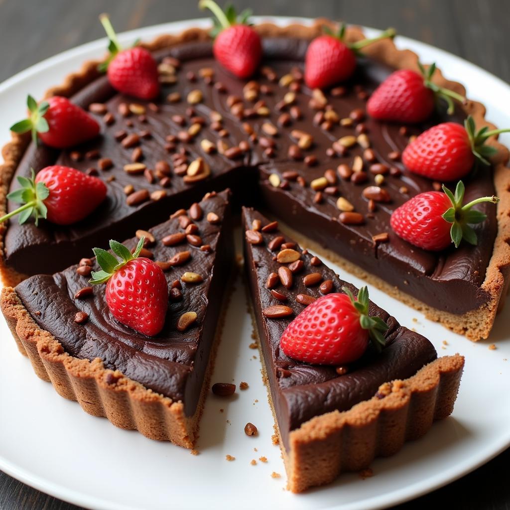 Sliced chocolate hazelnut tart with fresh berries