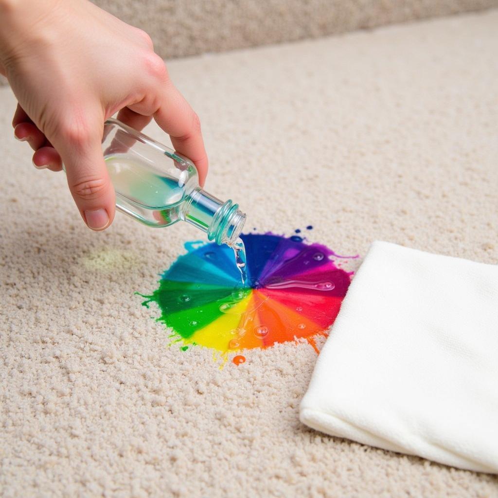 Cleaning a food coloring stain on a carpet with rubbing alcohol and a white cloth.