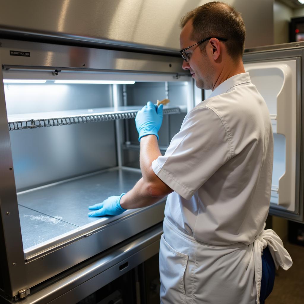 A person cleaning a food prep table refrigerator with appropriate cleaning supplies.