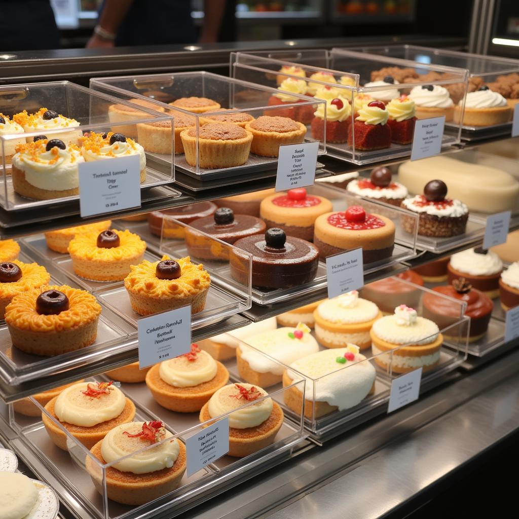 Clear boxes showcasing pastries and cakes in a bakery display