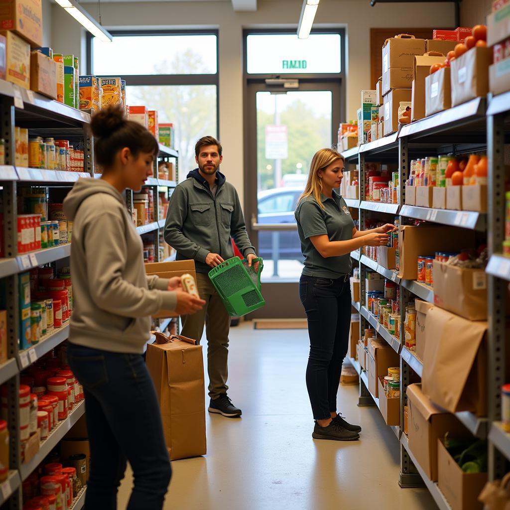 Volunteers assisting clients in choosing food at a client-choice food pantry in Cortland, NY.