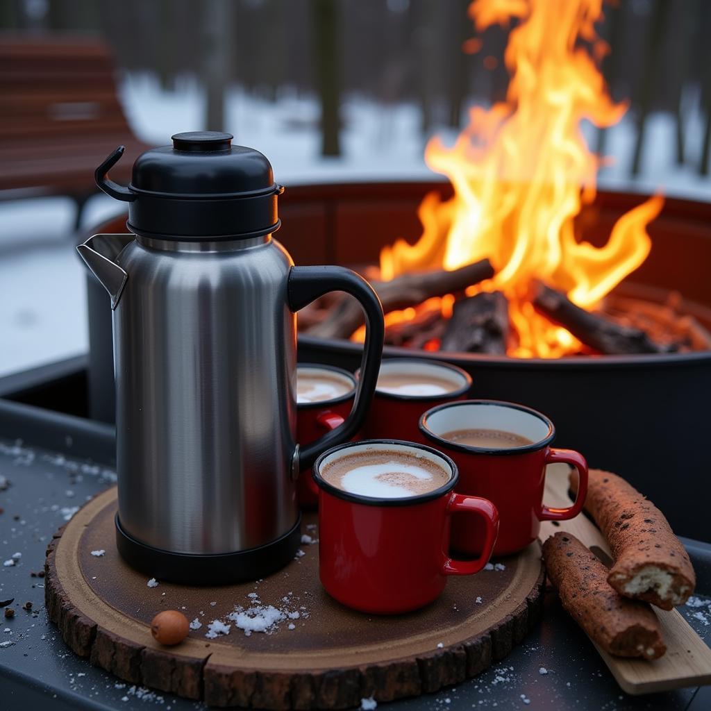 A thermos of hot chocolate and mugs next to a fire pit at a tailgate