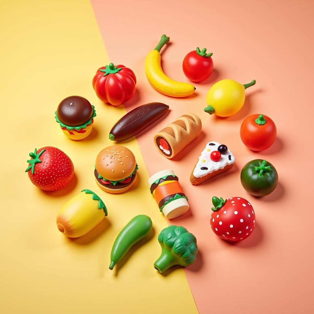 A vibrant collection of various food squishies, showcasing their diverse shapes, sizes, and colors.