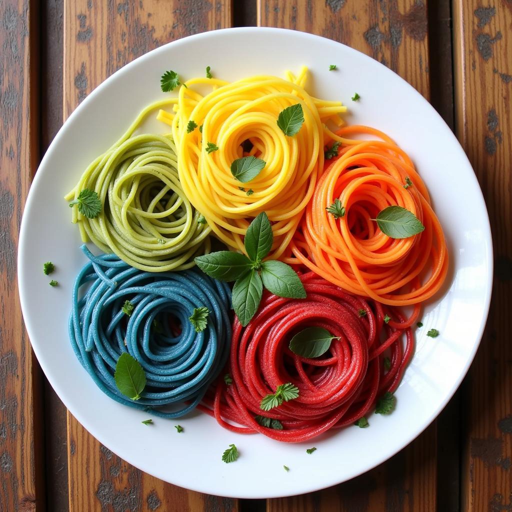 Colorful pasta made with organic food colors, arranged on a plate.