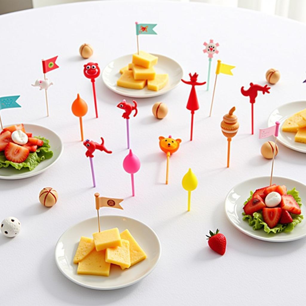 Colorful plastic food picks arranged on a table, ready to be used for appetizers and desserts.