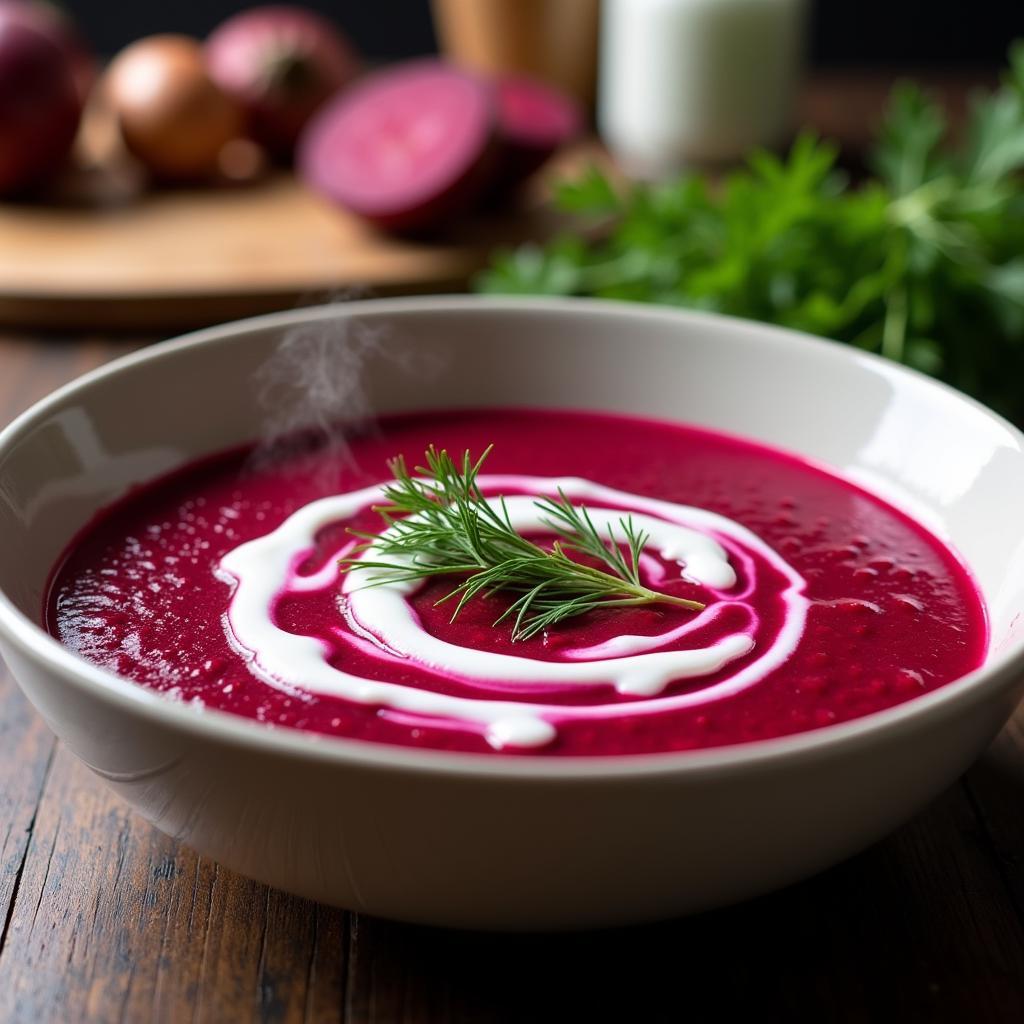 Colorful Polish Beetroot Soup with Sour Cream Garnish