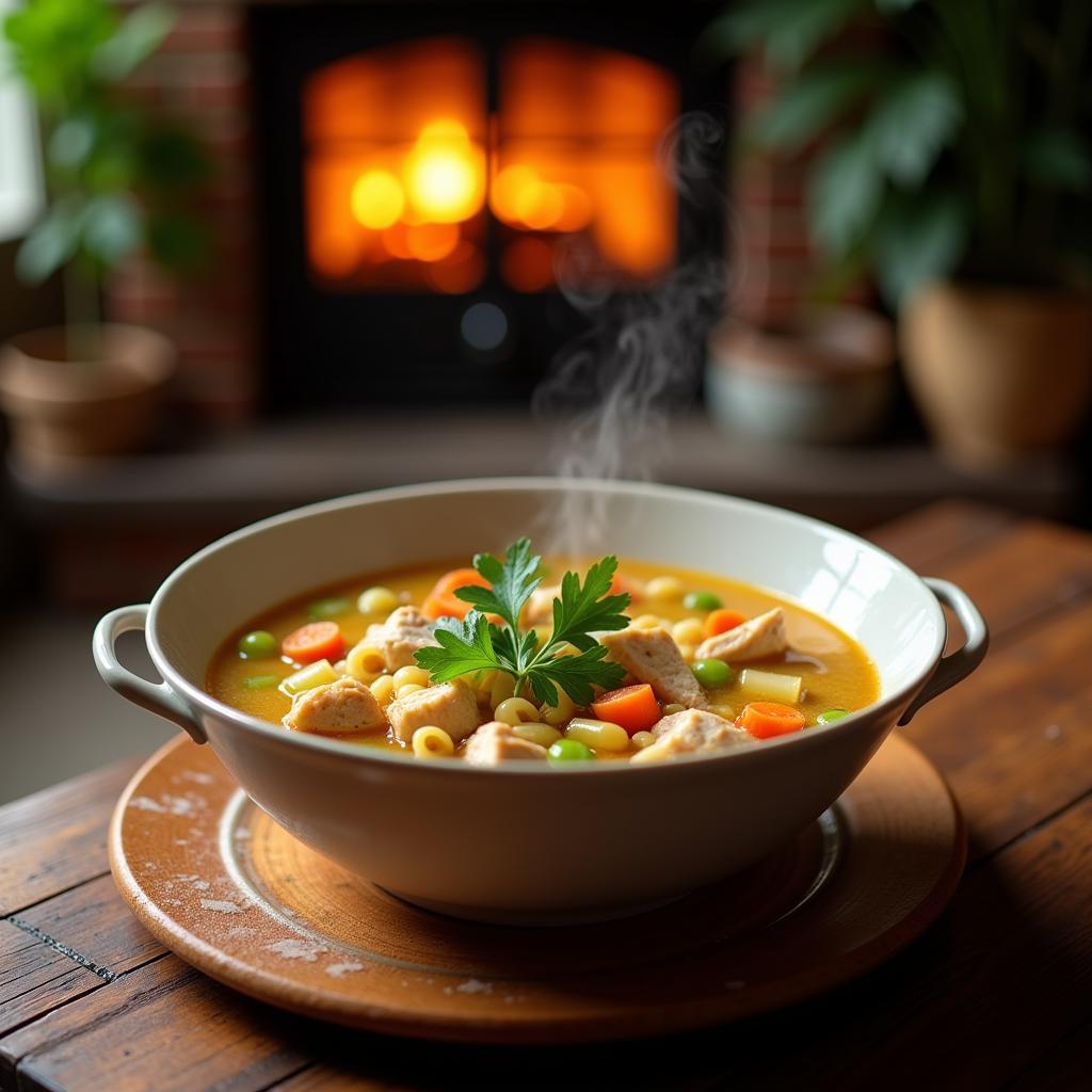 A steaming bowl of comforting chicken noodle soup with vegetables and herbs