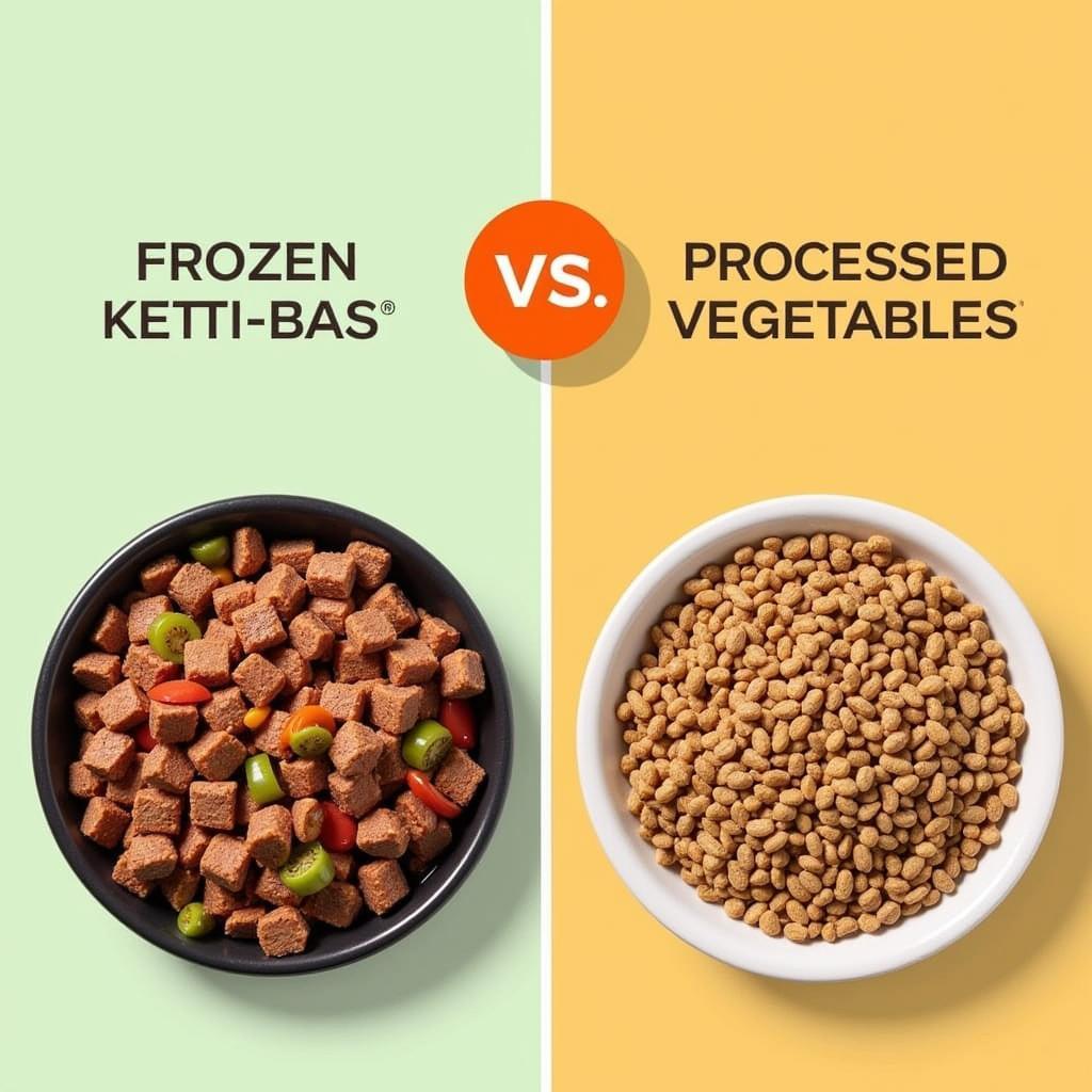 A side-by-side comparison of frozen and kibble dog food, highlighting the differences in ingredients and appearance.