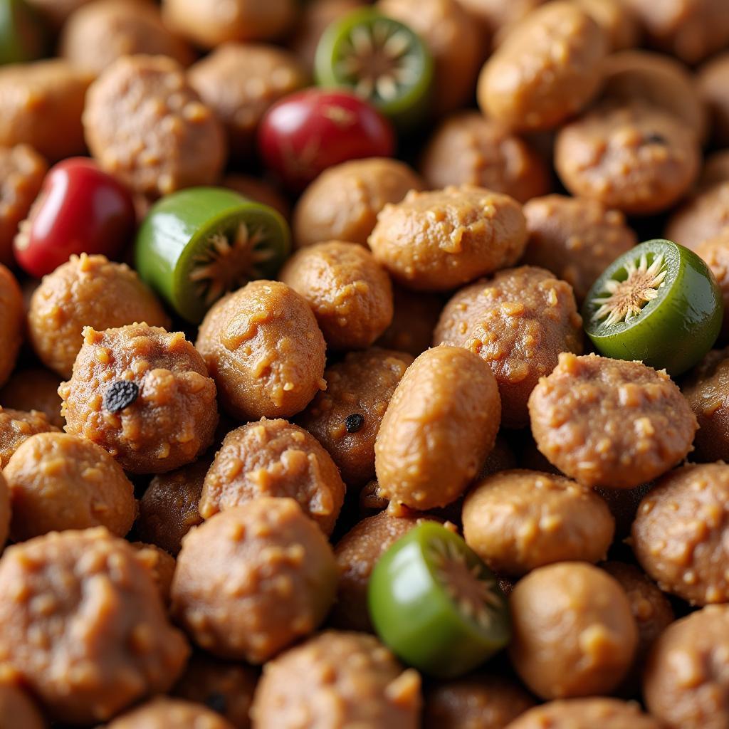 Close-up of country lane dog food ingredients, showcasing natural components like meat and vegetables.